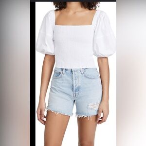 NWT Sokie  Collective Puff Sleeve Smocked Top White woth colorful Topstitch,S‎